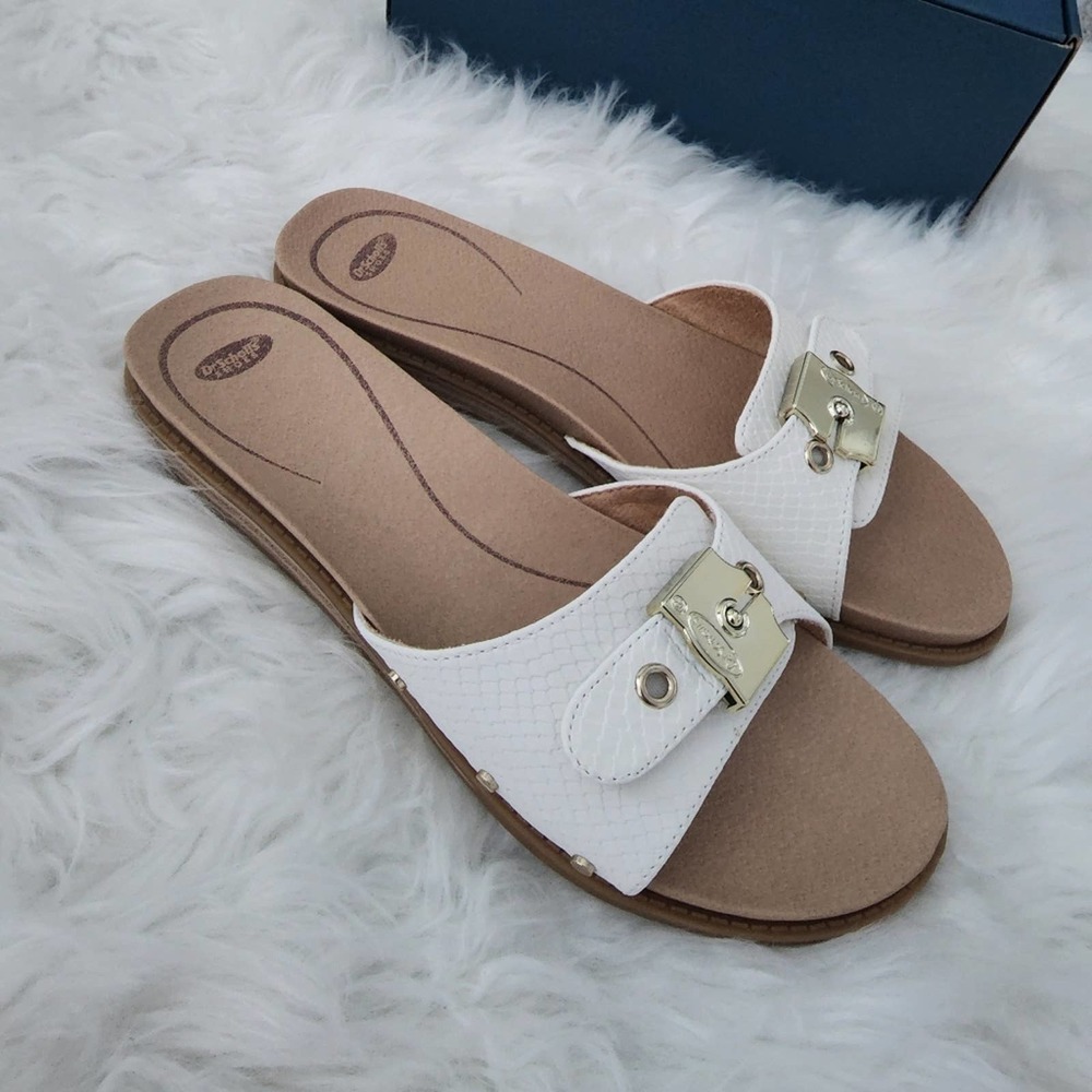 Dr. Scholl's White Buckle Slide Sandals